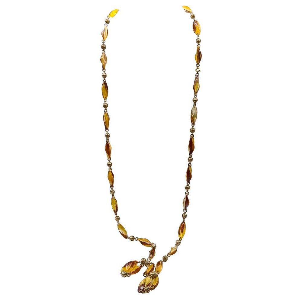 Vintage Rootbeer Plastic Beaded Necklace with Gold Tone Filigree Beads, Long
